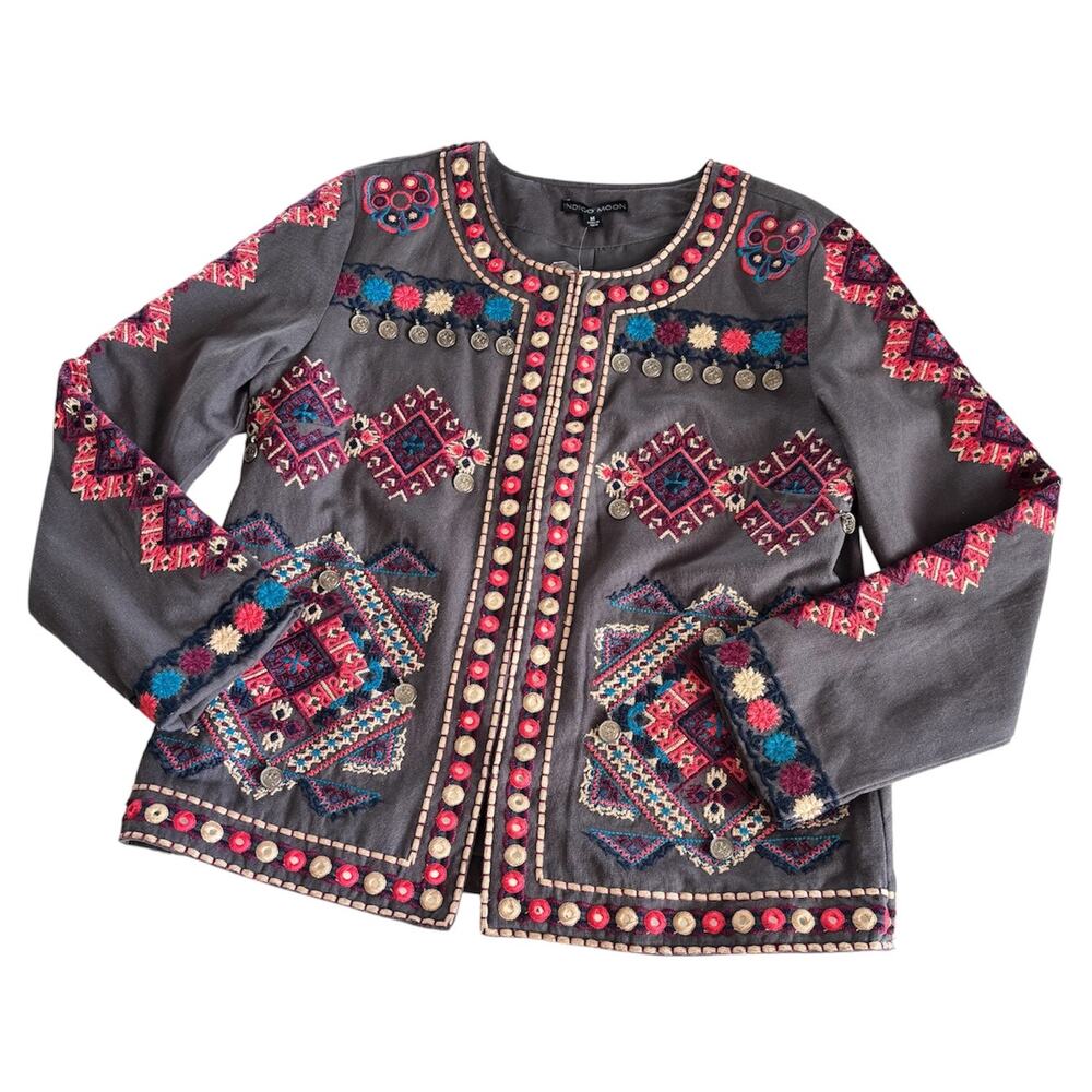 Indigo Moon Boho Decorated Front Pocket Blazer Jacket Women’s Medium Gray Multi